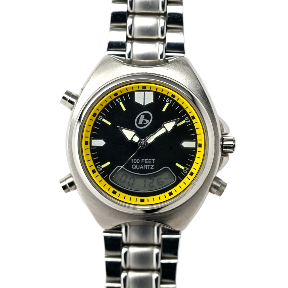 BUM Genuine Analog Digital Wrist Watch Yellow Inner Bezel Stainless Steel 37mm